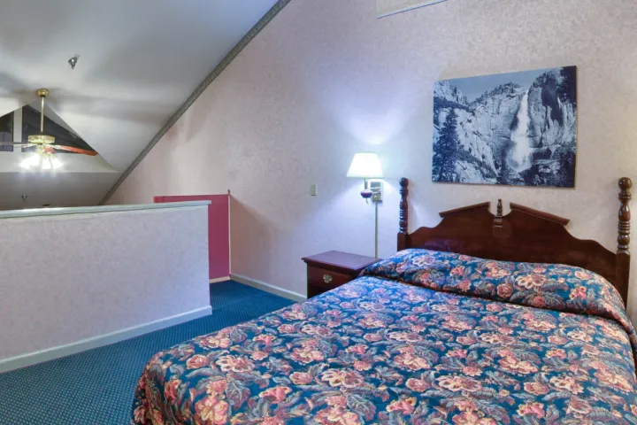 a bedroom with a bed in a room