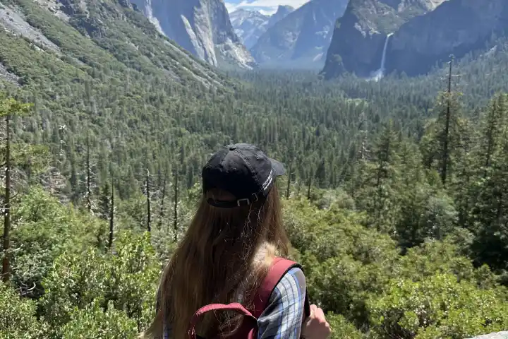 Person with backpack overlooks Yosemite Valley with mountains and trees under a clear sky.