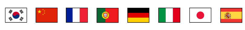 Korean, Chinese, French, Portuguese, German, Italian, Japanese, Spanish flags of available languages